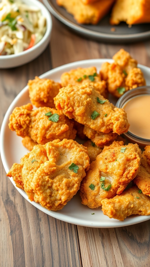Golden-brown buttermilk fried chicken on a plate with fresh herbs and dipping sauce, accompanied by coleslaw and cornbread.